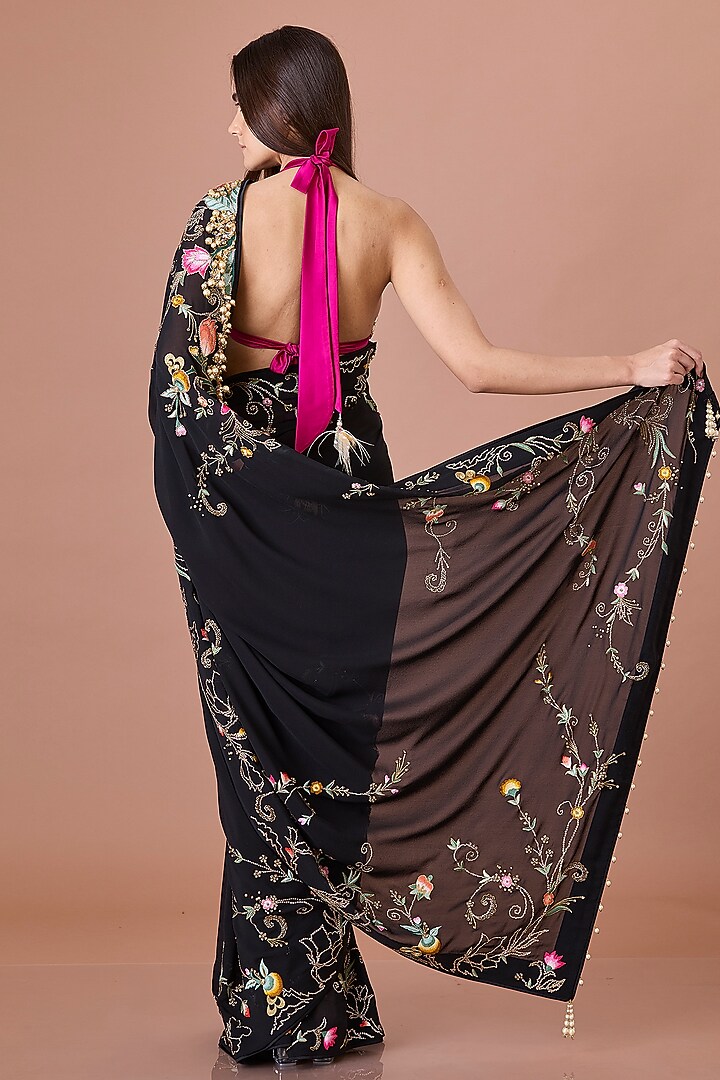 Black Georgette Hand & Machine Embroidered Reception Saree by Dilnaz Karbhary at Pernia's Pop Up Shop