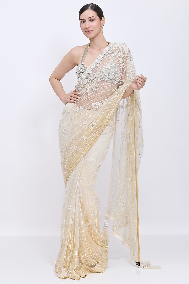 Cream Shaded-Biscuit Gold Net Hand Embroidered Reception Saree by Dilnaz Karbhary at Pernia's Pop Up Shop
