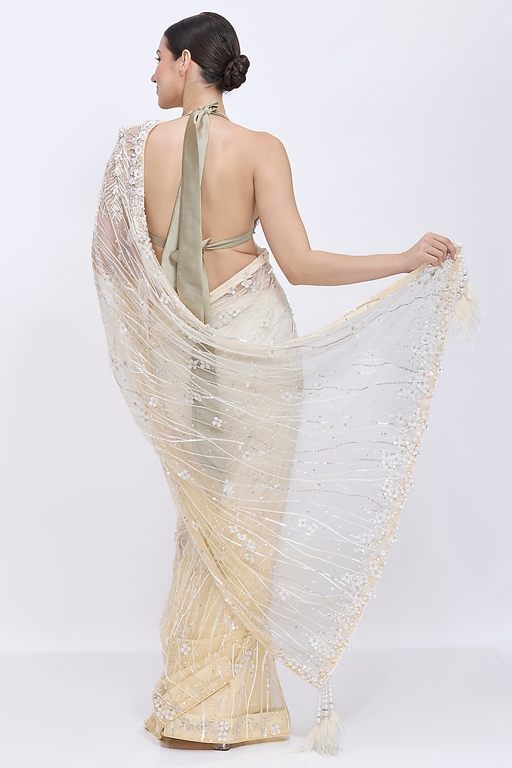 Cream Shaded-Biscuit Gold Net Hand Embroidered Reception Saree by Dilnaz Karbhary at Pernia's Pop Up Shop