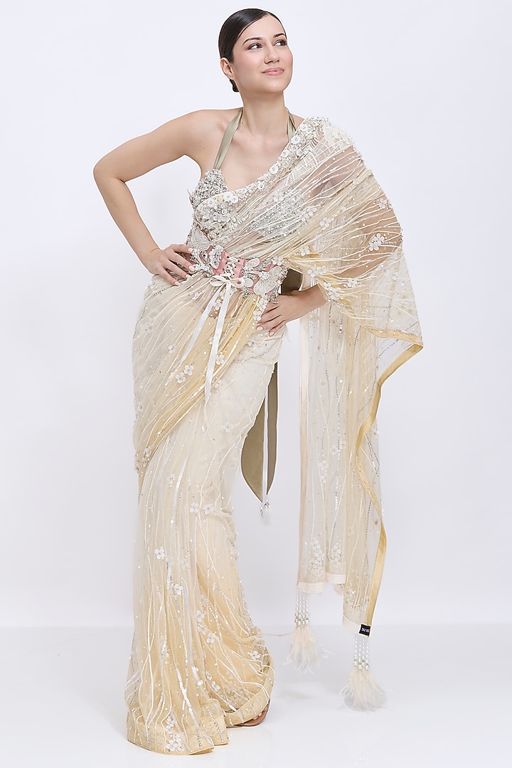 Cream Shaded-Biscuit Gold Net Hand Embroidered Reception Saree by Dilnaz Karbhary at Pernia's Pop Up Shop