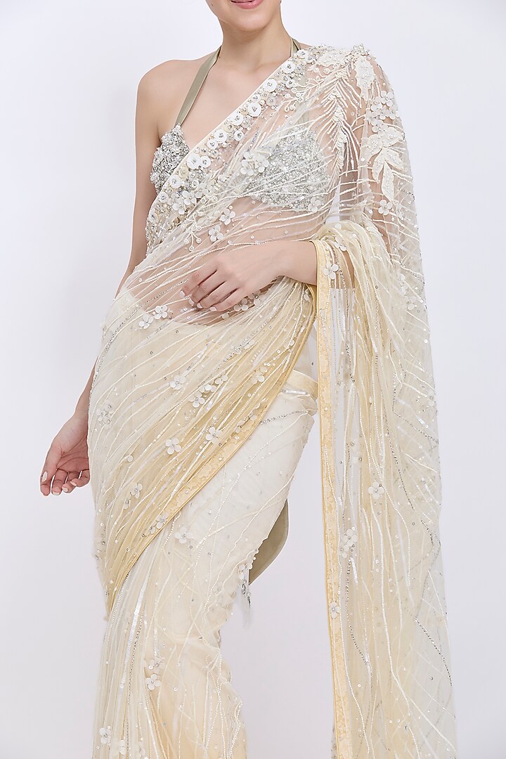 Cream Shaded-Biscuit Gold Net Hand Embroidered Reception Saree by Dilnaz Karbhary at Pernia's Pop Up Shop