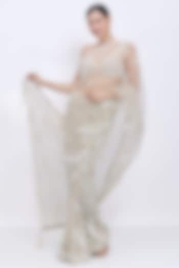 Ash Grey Net Sequins Hand Embroidered Reception Saree by Dilnaz Karbhary at Pernia's Pop Up Shop