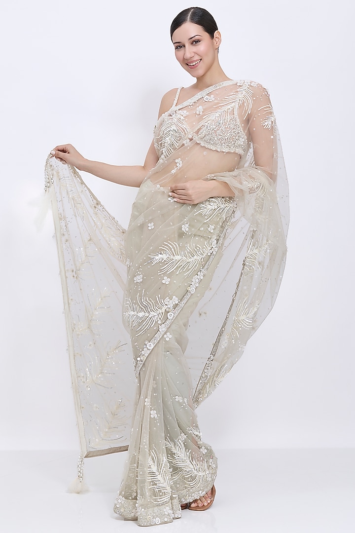 Ash Grey Net Sequins Hand Embroidered Reception Saree by Dilnaz Karbhary at Pernia's Pop Up Shop