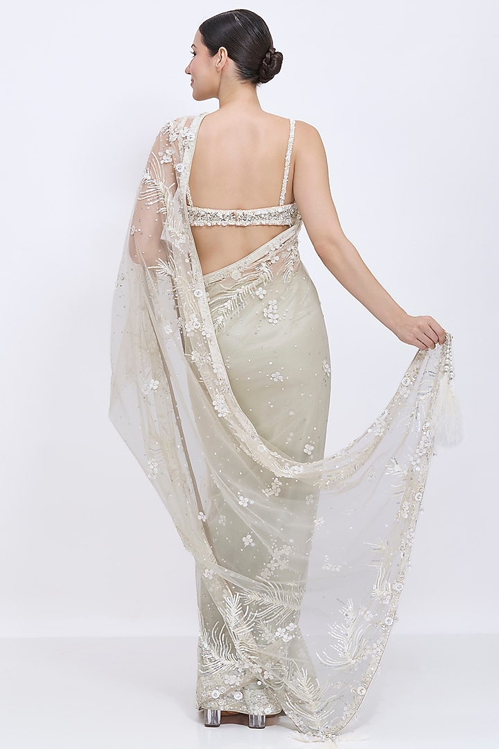 Ash Grey Net Sequins Hand Embroidered Reception Saree by Dilnaz Karbhary at Pernia's Pop Up Shop