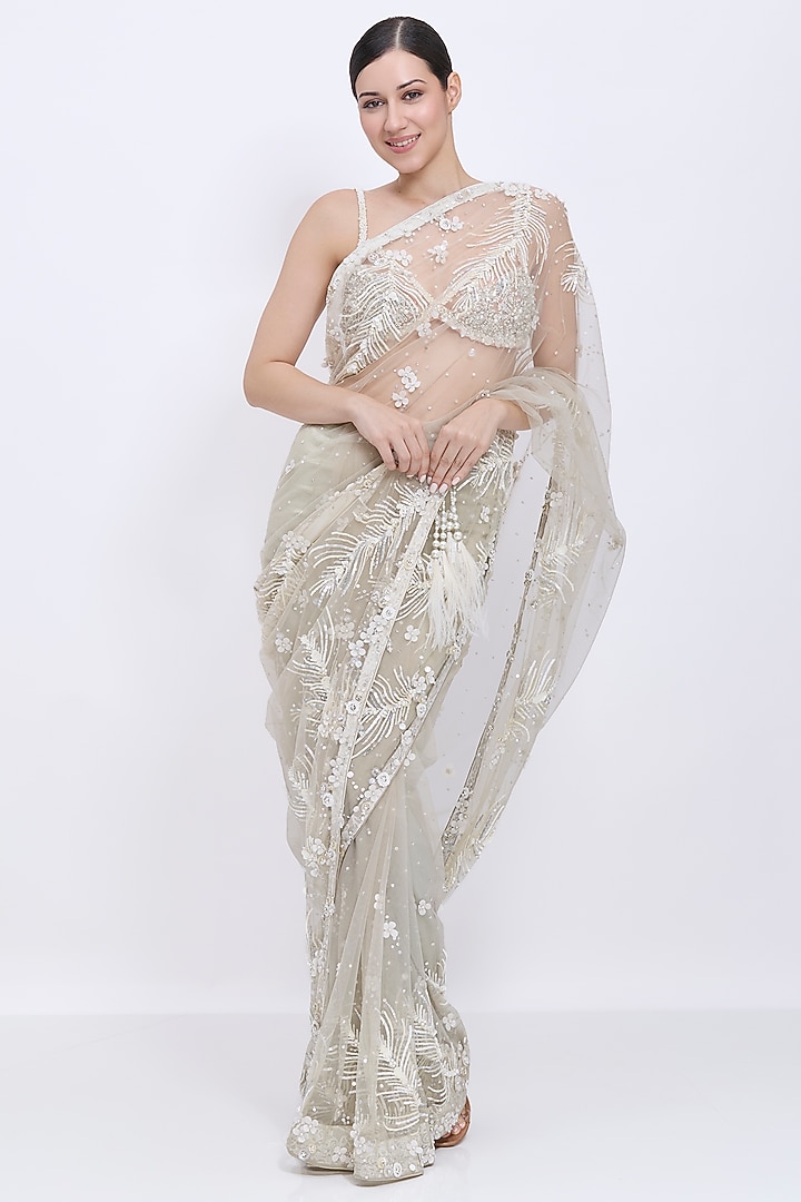 Ash Grey Net Sequins Hand Embroidered Reception Saree by Dilnaz Karbhary at Pernia's Pop Up Shop