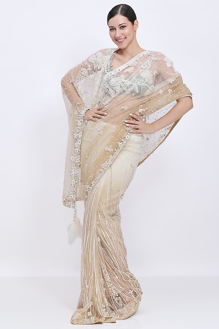 Ivory-Khaki Gold Shaded Net Hand Embroidered Bridal Saree by Dilnaz Karbhary at Pernia's Pop Up Shop