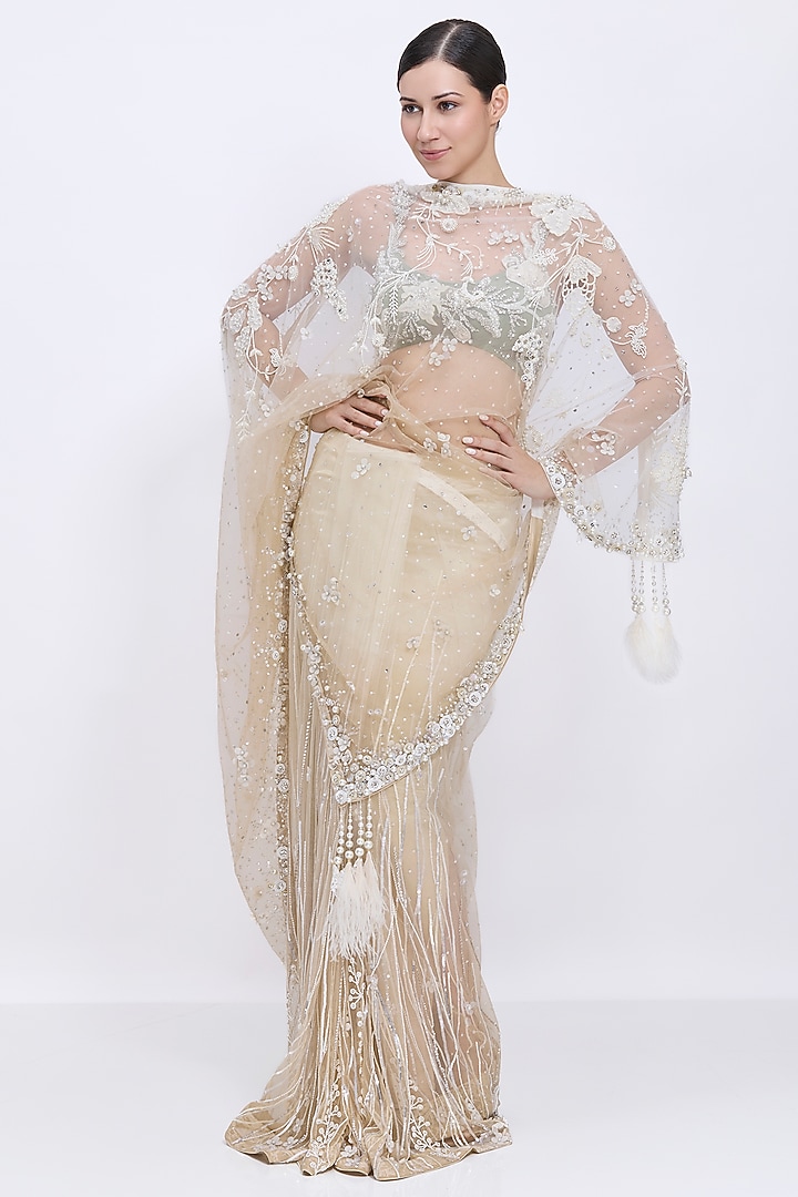 Ivory-Khaki Gold Shaded Net Hand Embroidered Bridal Saree by Dilnaz Karbhary at Pernia's Pop Up Shop