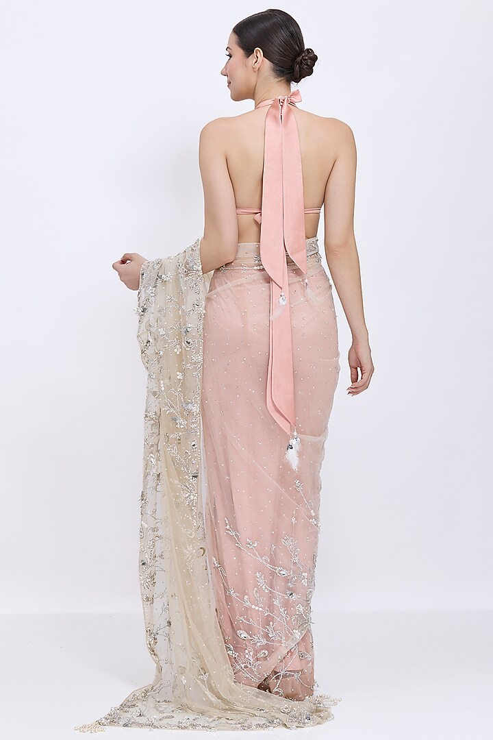 Old Rose-Khaki Gold Shaded Net Hand Embroidered Reception Saree by Dilnaz Karbhary at Pernia's Pop Up Shop