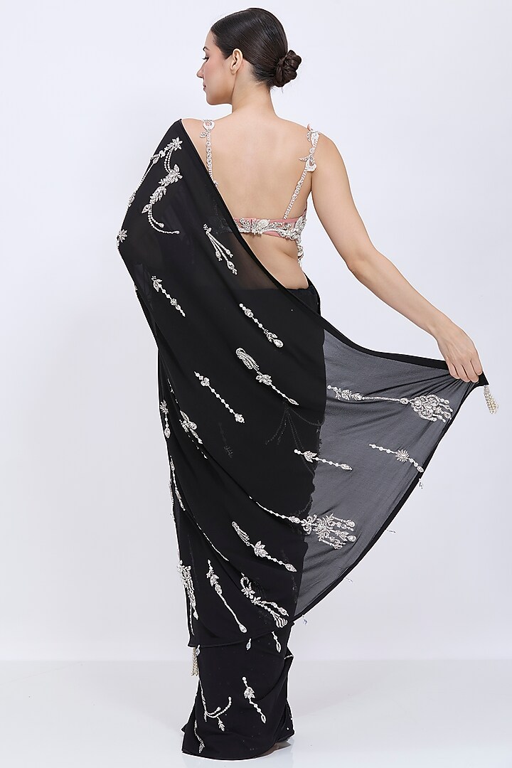 Black Georgette Hand Embroidered Reception Saree by Dilnaz Karbhary at Pernia's Pop Up Shop