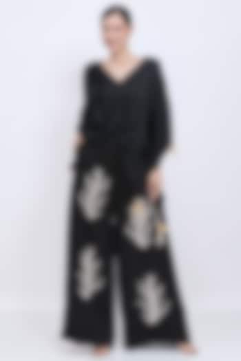 Black Blended Linen Sequins Hand Embroidered Trousers by Dilnaz Karbhary at Pernia's Pop Up Shop