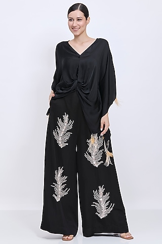 Black Blended Linen Sequins Hand Embroidered Trousers by Dilnaz Karbhary