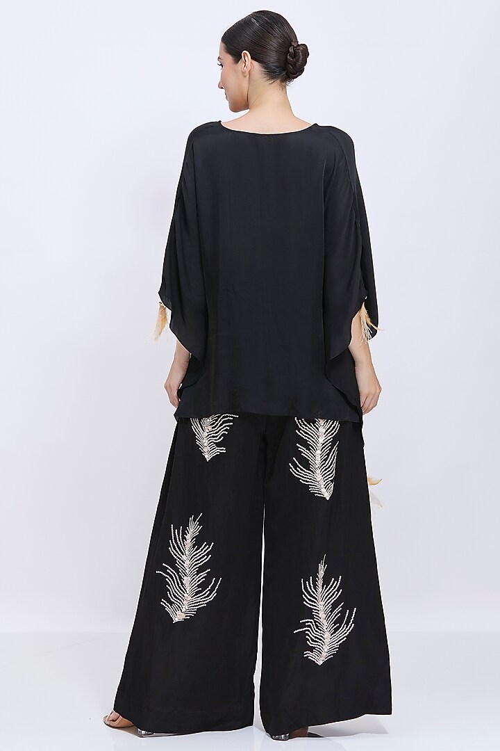 Black Blended Linen Sequins Hand Embroidered Trousers by Dilnaz Karbhary at Pernia's Pop Up Shop