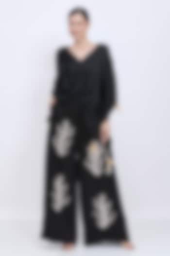 Black Blended Satin Draped Kaftan by Dilnaz Karbhary at Pernia's Pop Up Shop