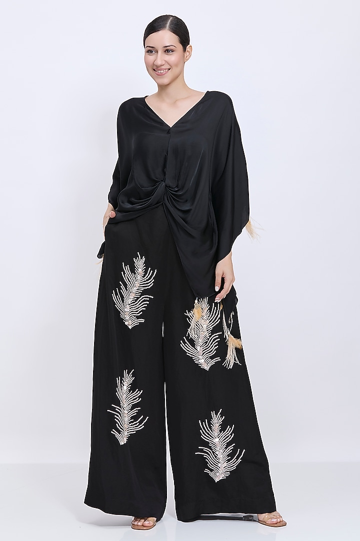 Black Blended Satin Draped Kaftan by Dilnaz Karbhary at Pernia's Pop Up Shop