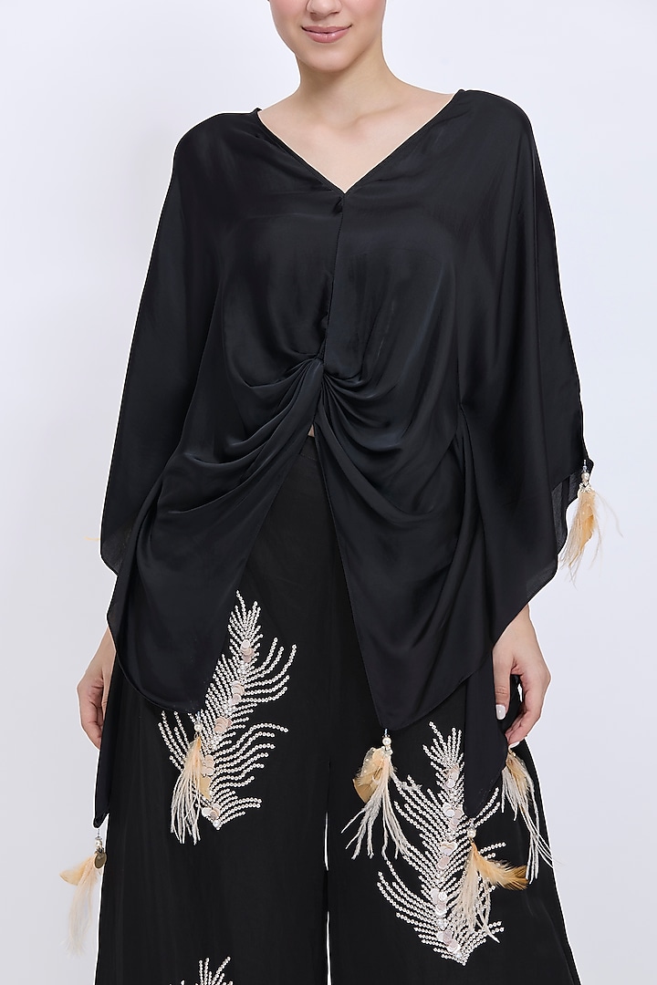 Black Blended Satin Draped Kaftan by Dilnaz Karbhary at Pernia's Pop Up Shop