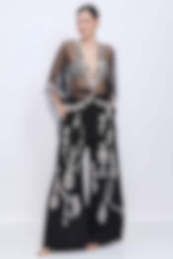 Black Blended Linen Sequins Hand Embroidered Trousers by Dilnaz Karbhary at Pernia's Pop Up Shop