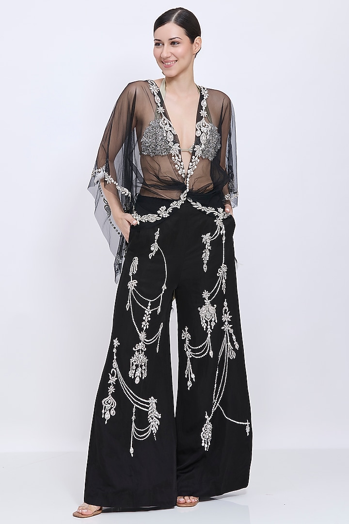 Black Blended Linen Sequins Hand Embroidered Trousers by Dilnaz Karbhary at Pernia's Pop Up Shop