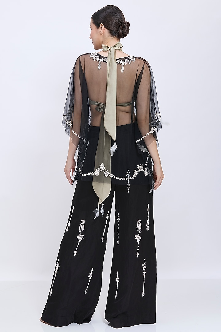 Black Blended Linen Sequins Hand Embroidered Trousers by Dilnaz Karbhary at Pernia's Pop Up Shop