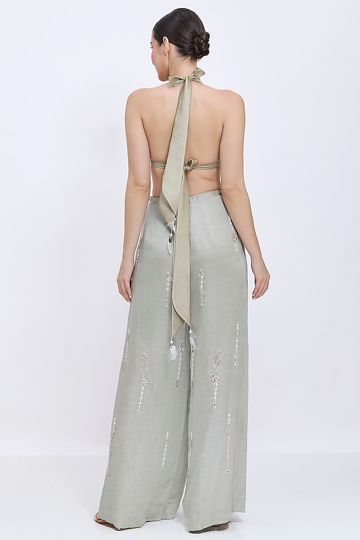 Sage Net & Polyester Satin Bikini Top by Dilnaz Karbhary at Pernia's Pop Up Shop