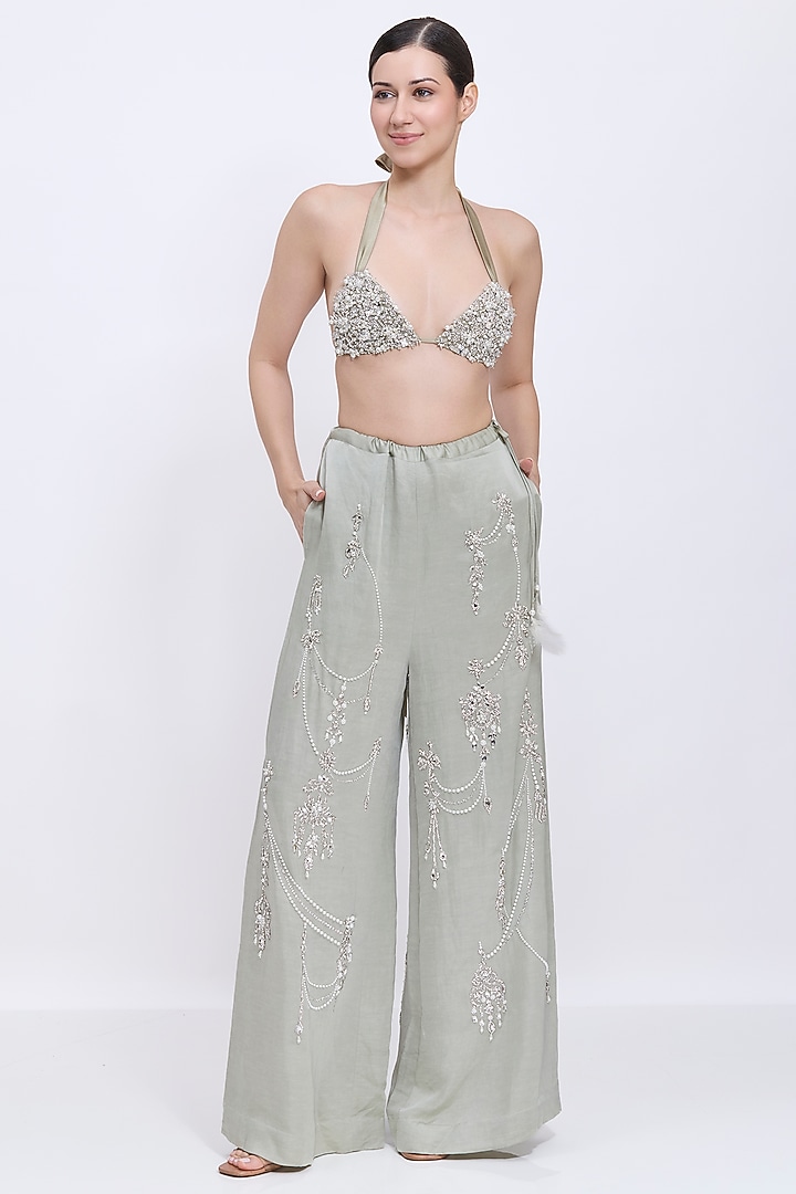 Sage Net & Polyester Satin Bikini Top by Dilnaz Karbhary at Pernia's Pop Up Shop