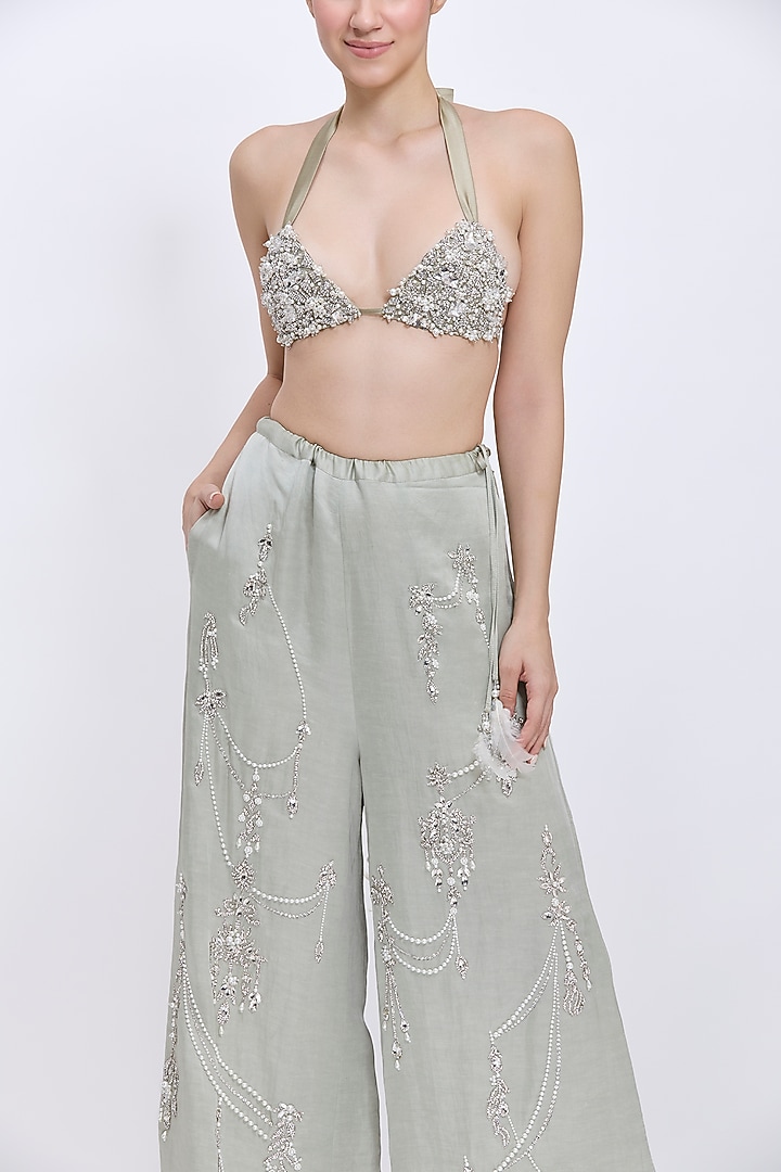 Sage Net & Polyester Satin Bikini Top by Dilnaz Karbhary at Pernia's Pop Up Shop