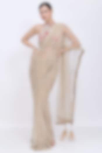 Khaki Gold Net Hand Embroidered Reception Saree by Dilnaz Karbhary at Pernia's Pop Up Shop