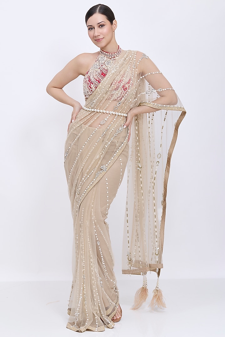 Khaki Gold Net Hand Embroidered Reception Saree by Dilnaz Karbhary at Pernia's Pop Up Shop