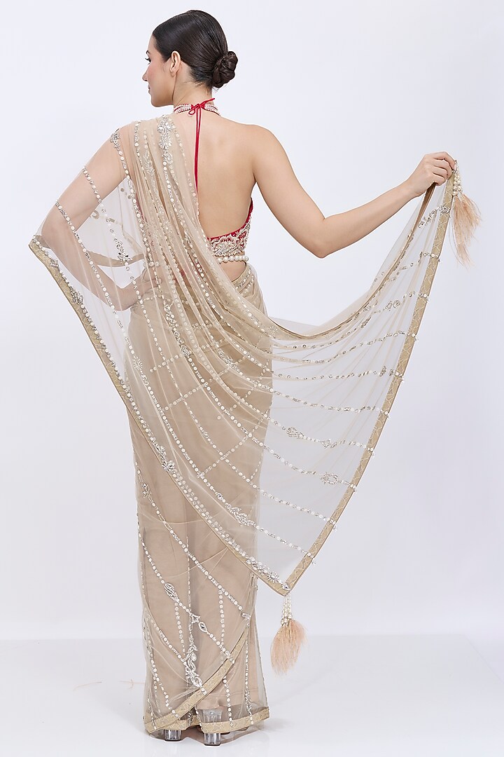 Khaki Gold Net Hand Embroidered Reception Saree by Dilnaz Karbhary at Pernia's Pop Up Shop