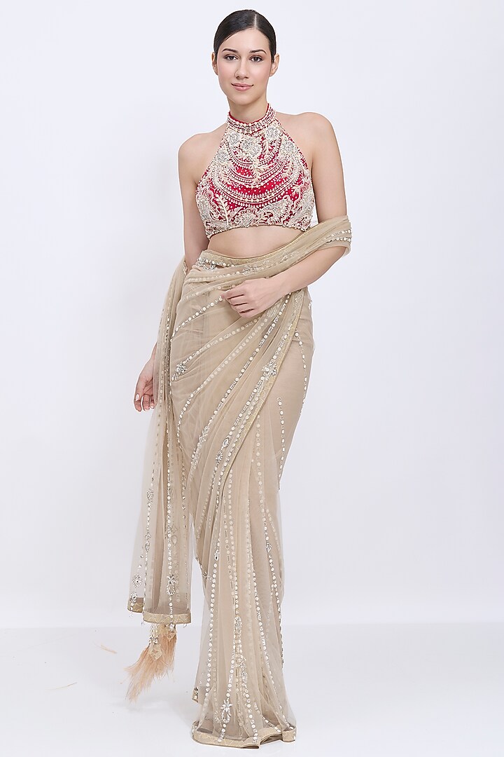 Khaki Gold Net Hand Embroidered Reception Saree by Dilnaz Karbhary at Pernia's Pop Up Shop