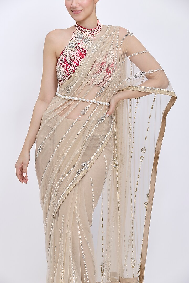 Khaki Gold Net Hand Embroidered Reception Saree by Dilnaz Karbhary at Pernia's Pop Up Shop