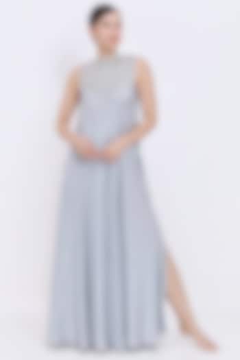 Grey Silk Chamois Jeweled Engagement Gown by Dilnaz Karbhary at Pernia's Pop Up Shop