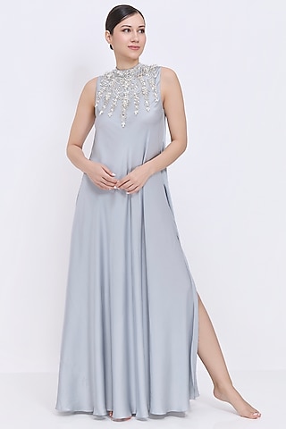 Grey Silk Chamois Jeweled Gown by Dilnaz Karbhary