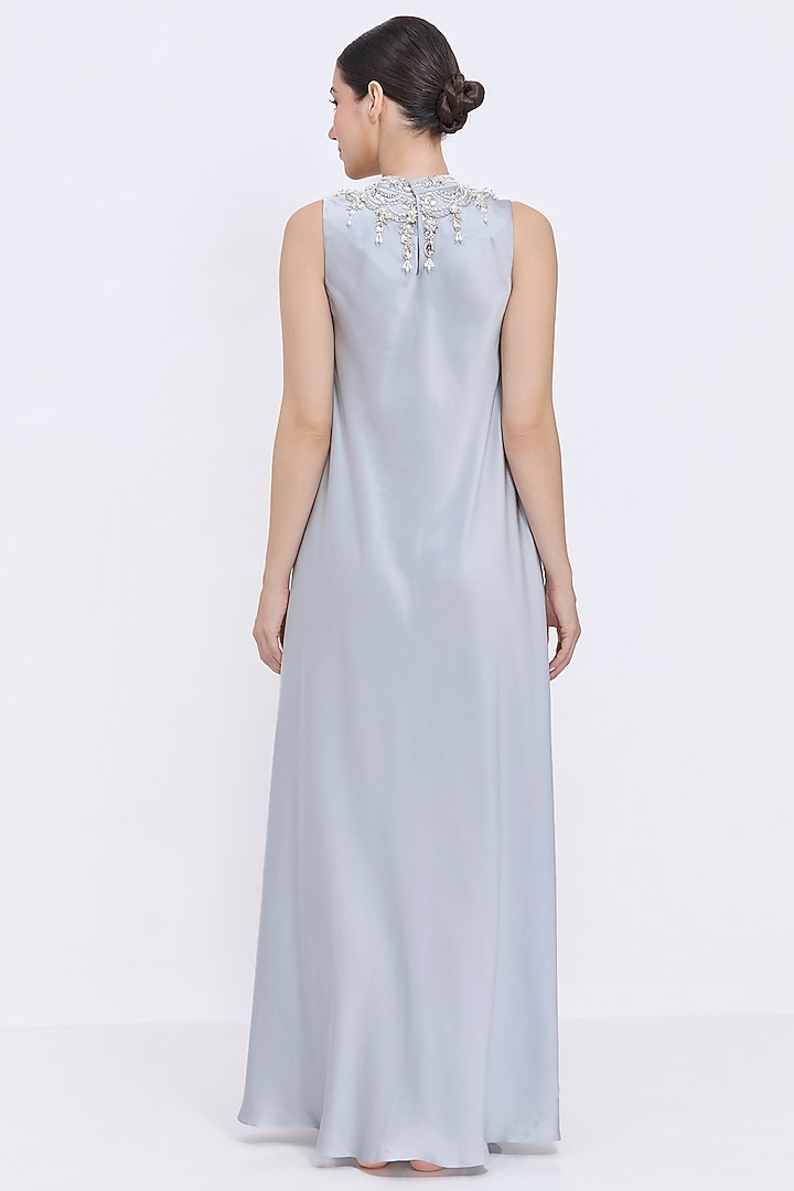 Grey Silk Chamois Jeweled Engagement Gown by Dilnaz Karbhary at Pernia's Pop Up Shop