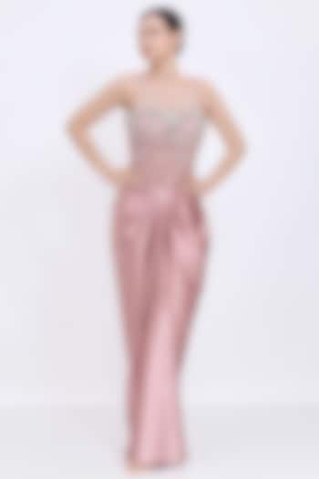 Old Rose Polyester Satin Sequins Embroidered Draped Engagement Gown by Dilnaz Karbhary at Pernia's Pop Up Shop