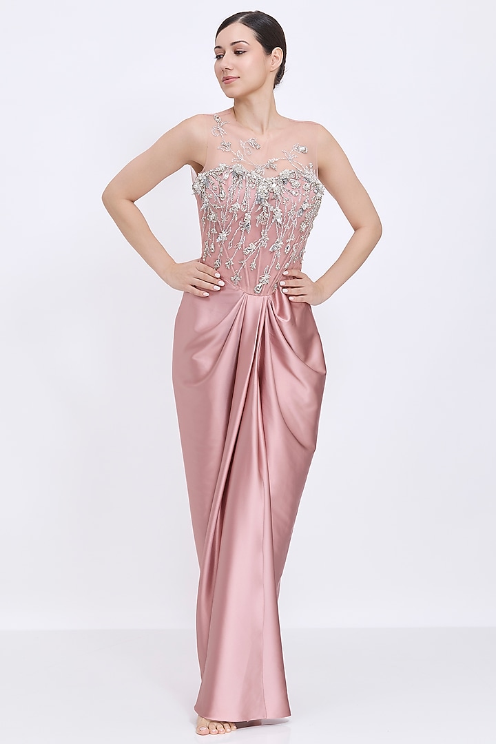 Old Rose Polyester Satin Sequins Embroidered Draped Engagement Gown by Dilnaz Karbhary at Pernia's Pop Up Shop