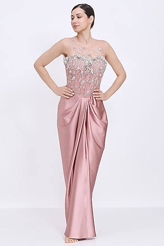 Old Rose Polyester Satin Sequins Embroidered Draped Gown by Dilnaz Karbhary