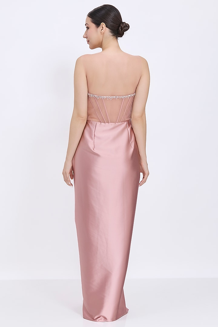 Old Rose Polyester Satin Sequins Embroidered Draped Engagement Gown by Dilnaz Karbhary at Pernia's Pop Up Shop