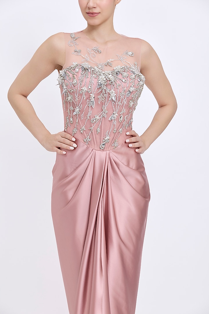 Old Rose Polyester Satin Sequins Embroidered Draped Engagement Gown by Dilnaz Karbhary at Pernia's Pop Up Shop