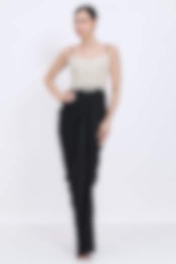 Ivory & Black Polyester Satin Draped Corset Engagement Gown by Dilnaz Karbhary at Pernia's Pop Up Shop