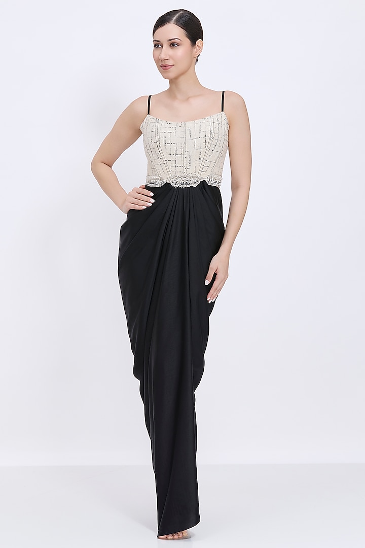 Ivory & Black Polyester Satin Draped Corset Engagement Gown by Dilnaz Karbhary at Pernia's Pop Up Shop