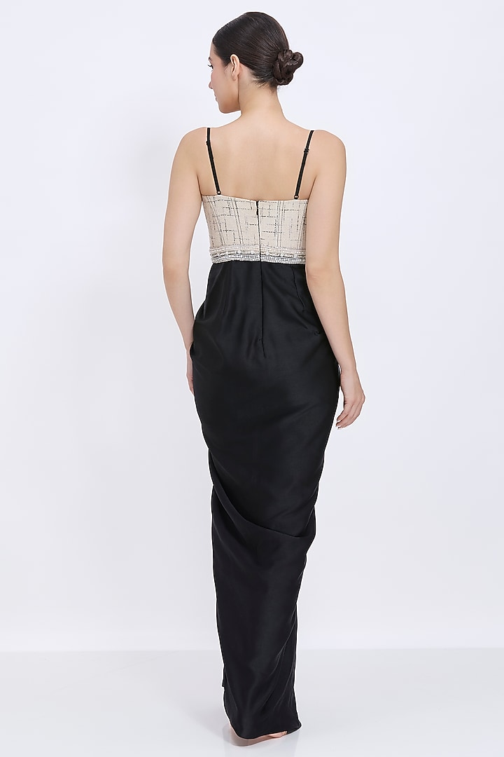 Ivory & Black Polyester Satin Draped Corset Engagement Gown by Dilnaz Karbhary at Pernia's Pop Up Shop