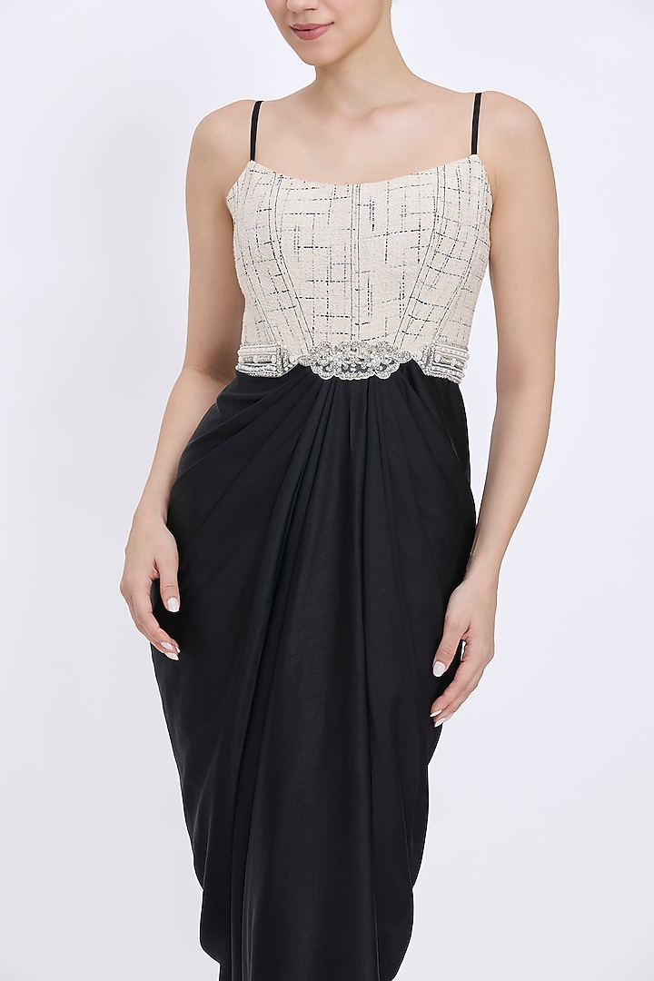Ivory & Black Polyester Satin Draped Corset Engagement Gown by Dilnaz Karbhary at Pernia's Pop Up Shop