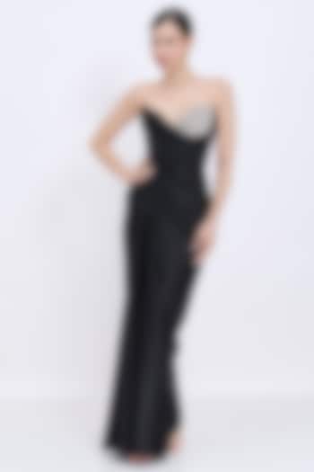 Black Polyester Satin Power-Neck Draped Engagement Gown by Dilnaz Karbhary at Pernia's Pop Up Shop