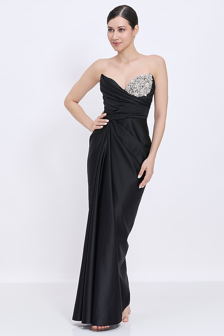 Black Polyester Satin Power-Neck Draped Engagement Gown by Dilnaz Karbhary at Pernia's Pop Up Shop