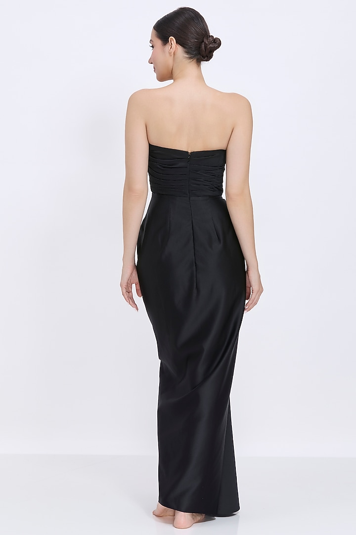Black Polyester Satin Power-Neck Draped Engagement Gown by Dilnaz Karbhary at Pernia's Pop Up Shop