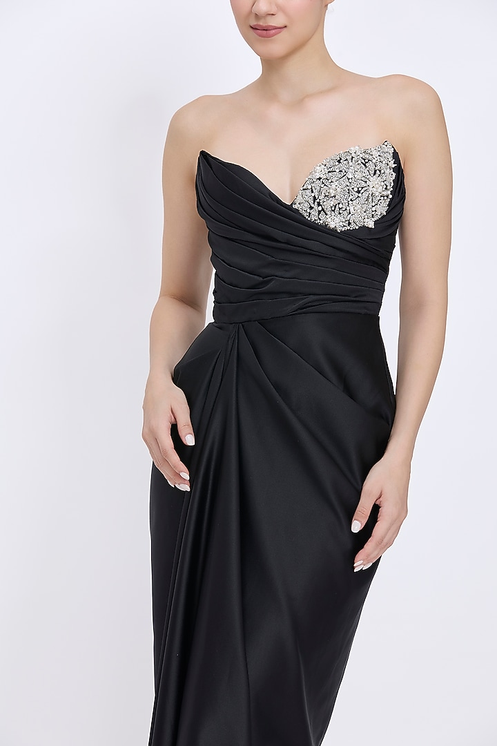 Black Polyester Satin Power-Neck Draped Engagement Gown by Dilnaz Karbhary at Pernia's Pop Up Shop