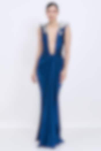 Sapphire Blended Stretch Satin Draped Engagement Gown by Dilnaz Karbhary at Pernia's Pop Up Shop