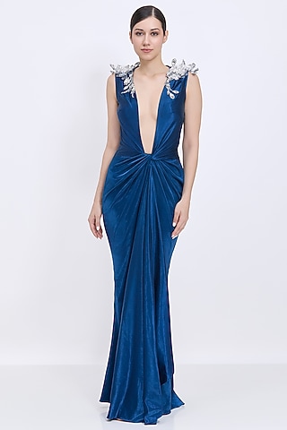 Sapphire Blended Stretch Satin Draped Gown by Dilnaz Karbhary