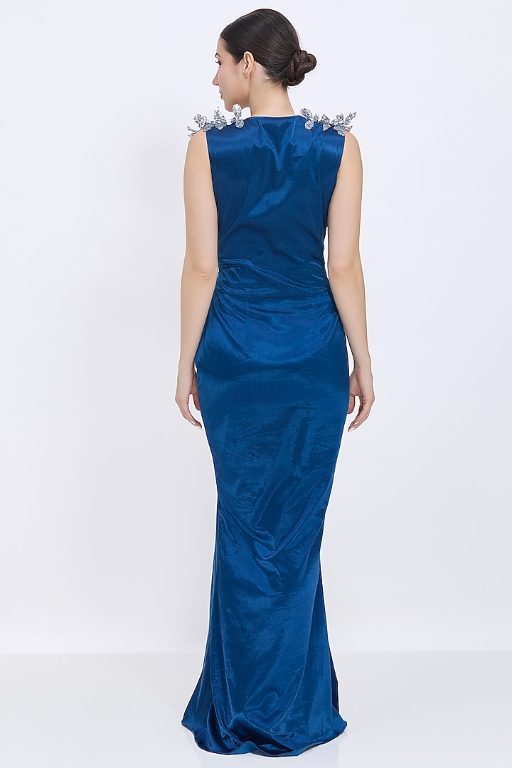 Sapphire Blended Stretch Satin Draped Engagement Gown by Dilnaz Karbhary at Pernia's Pop Up Shop