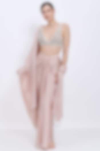 Light Mushroom Blended Satin Draped Skirt Set by Dilnaz Karbhary at Pernia's Pop Up Shop